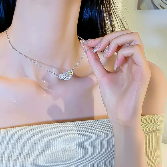 Titanium Steel And Copper Feather Necklace With Diamond Light Luxury Design For Women