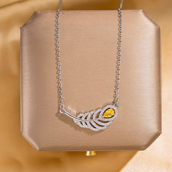 Titanium Steel And Copper Feather Necklace With Diamond Light Luxury Design For Women