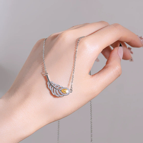 Titanium Steel And Copper Feather Necklace With Diamond Light Luxury Design For Women