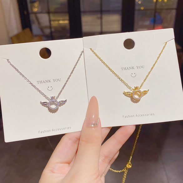 Titanium Steel And Copper Hollow Angel Wings Pendant Necklace With Zirconia Design Cross Chain Geometric And Crown Pattern For Women