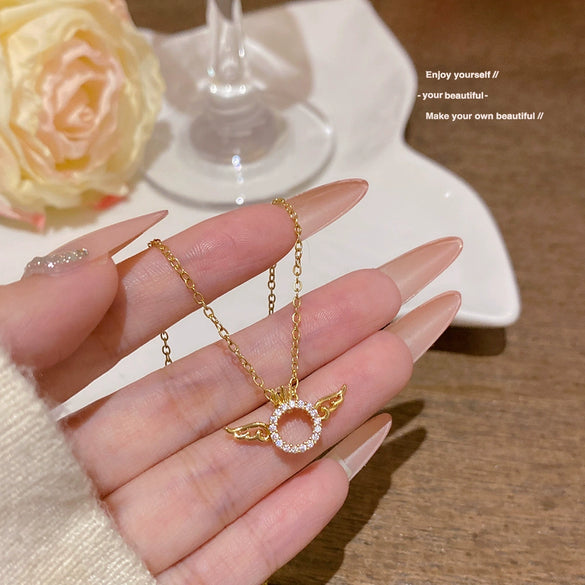 Titanium Steel And Copper Hollow Angel Wings Pendant Necklace With Zirconia Design Cross Chain Geometric And Crown Pattern For Women