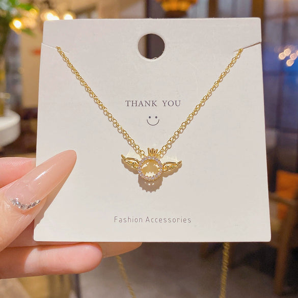 Titanium Steel And Copper Hollow Angel Wings Pendant Necklace With Zirconia Design Cross Chain Geometric And Crown Pattern For Women