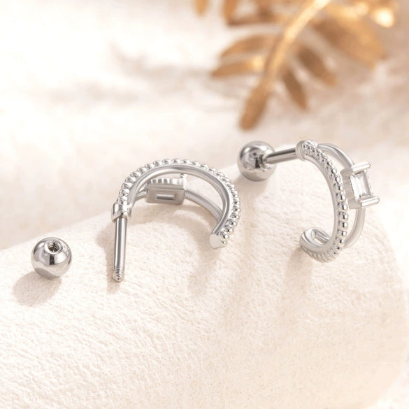Titanium Steel And Copper Inlaid Zircon Double Arc Women's Earrings With Lovely And Geometric Style