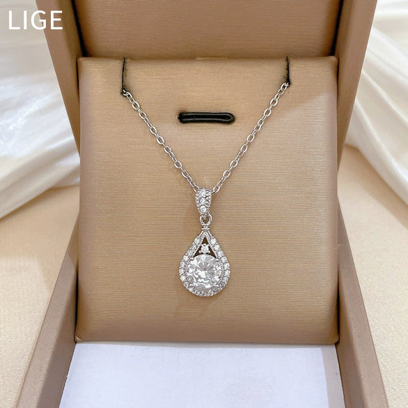 Titanium Steel And Copper Light Luxury Microinlaid Real Gold Water Drop Necklace With Geometric Design For Women