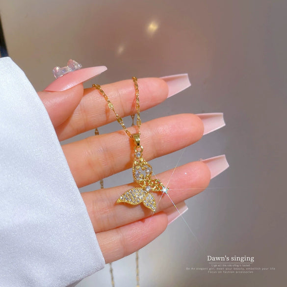Titanium Steel And Copper Luxury Insect Style Butterfly Pendant Necklace With Diamond Micropaved And Real Gold Electroplating