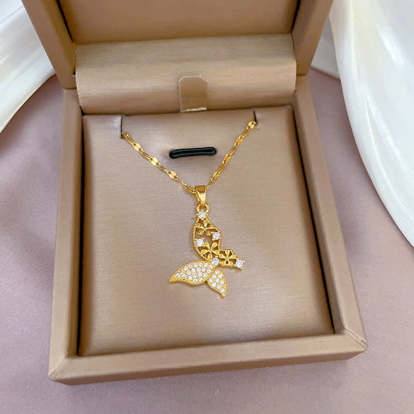 Titanium Steel And Copper Luxury Insect Style Butterfly Pendant Necklace With Diamond Micropaved And Real Gold Electroplating