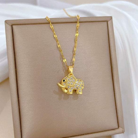 Titanium Steel And Copper Microinlaid Real Gold Stereo Elephant Necklace With Geometric And Cartoon Design For Women