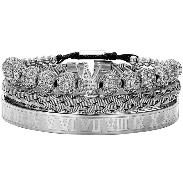 Titanium Steel And Copper Roman Letter Twist Open Bracelet Set With Crown Woven Design Electroplated Fashion Jewelry For Unisex