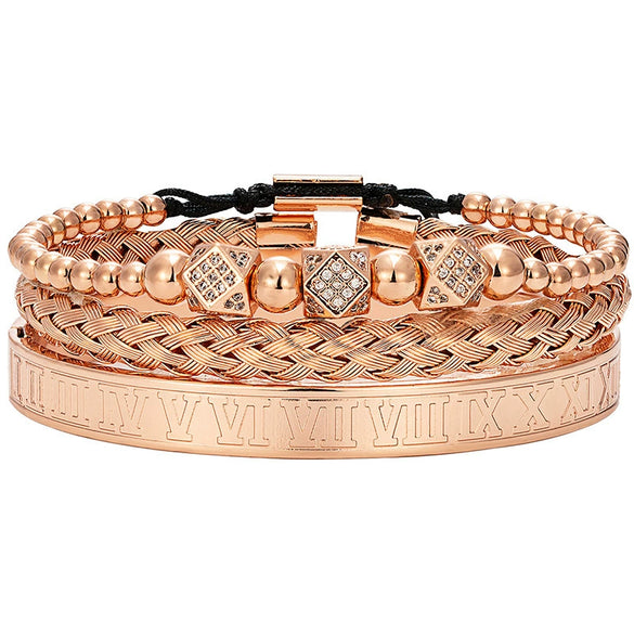 Titanium Steel And Copper Roman Letter Twist Open Bracelet Set With Crown Woven Design Electroplated Fashion Jewelry For Unisex
