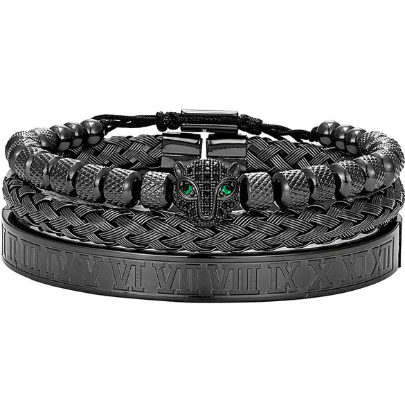Titanium Steel And Copper Roman Letter Twist Open Bracelet Set With Crown Woven Design Electroplated Fashion Jewelry For Unisex