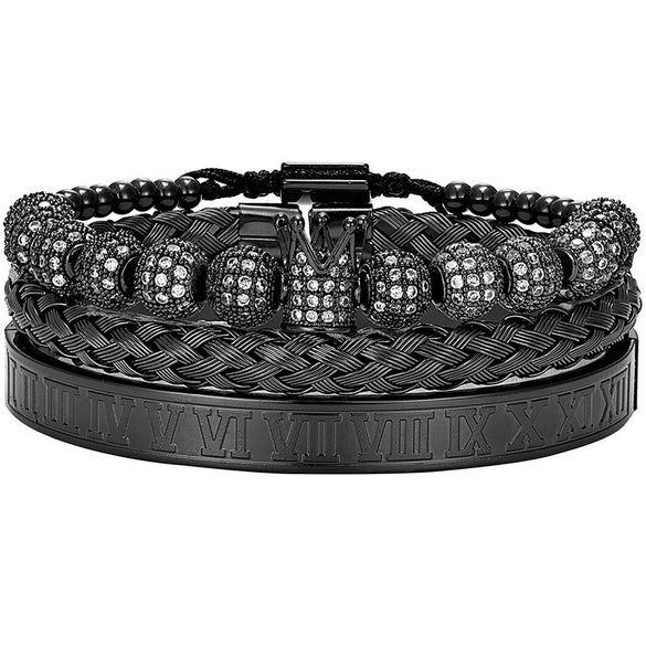 Titanium Steel And Copper Roman Letter Twist Open Bracelet Set With Crown Woven Design Electroplated Fashion Jewelry For Unisex