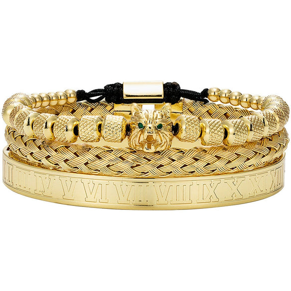 Titanium Steel And Copper Roman Letter Twist Open Bracelet Set With Crown Woven Design Electroplated Fashion Jewelry For Unisex