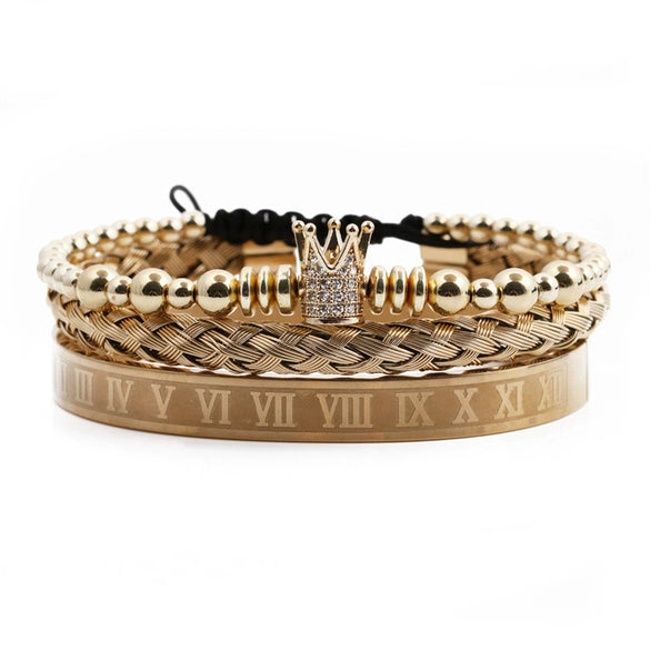 Titanium Steel And Copper Roman Letter Twist Open Bracelet Set With Crown Woven Design Electroplated Fashion Jewelry For Unisex