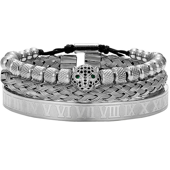 Titanium Steel And Copper Roman Letter Twist Open Bracelet Set With Crown Woven Design Electroplated Fashion Jewelry For Unisex