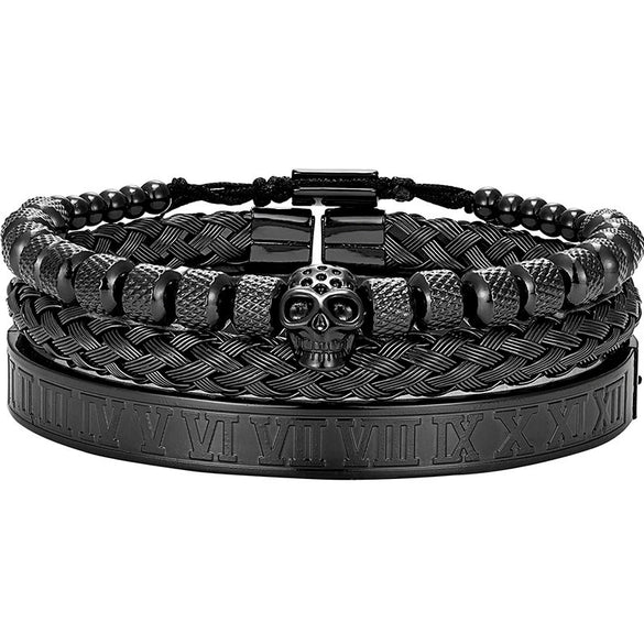 Titanium Steel And Copper Roman Letter Twist Open Bracelet Set With Crown Woven Design Electroplated Fashion Jewelry For Unisex