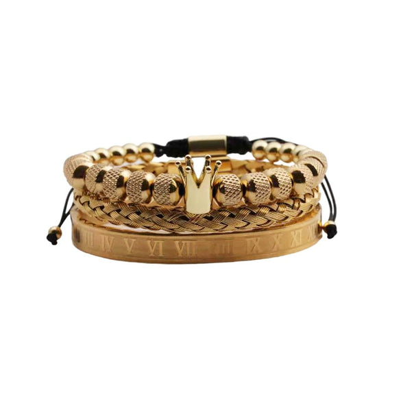 Titanium Steel And Copper Roman Letter Twist Open Bracelet Set With Crown Woven Design Electroplated Fashion Jewelry For Unisex