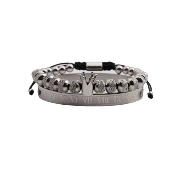 Titanium Steel And Copper Roman Letter Twist Open Bracelet Set With Crown Woven Design Electroplated Fashion Jewelry For Unisex