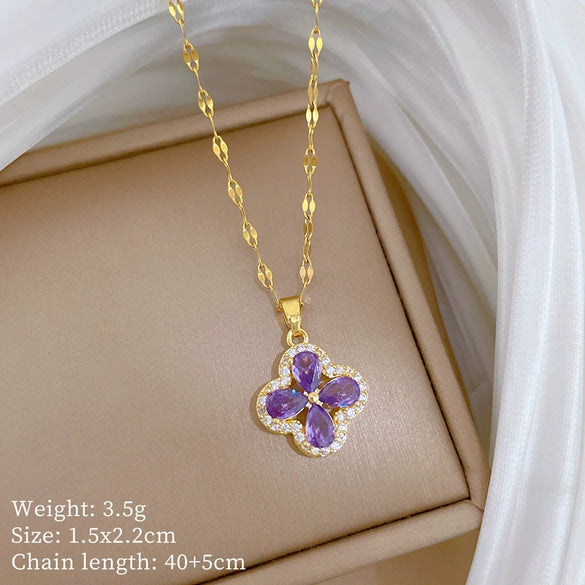 Titanium Steel And Copper Women's Cartoon Style Microinlaid Zircon Amethyst Fourleaf Flower Pendant Lip Chain Jewelry With Cross Crown Roman Numerals Electroplating