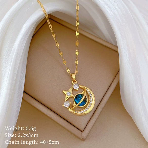Titanium Steel And Copper Women's Geometric Style Planet Starry Sky Diamond Microinlay Necklace