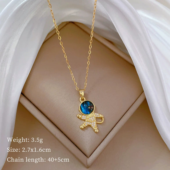 Titanium Steel And Copper Women's Geometric Style Planet Starry Sky Diamond Microinlay Necklace