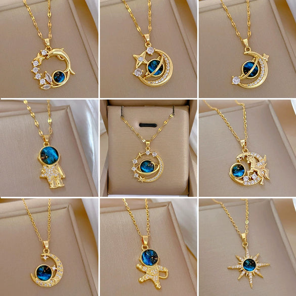 Titanium Steel And Copper Women's Geometric Style Planet Starry Sky Diamond Microinlay Necklace