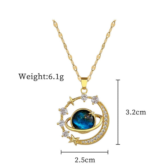 Titanium Steel And Copper Women's Geometric Style Planet Starry Sky Diamond Microinlay Necklace