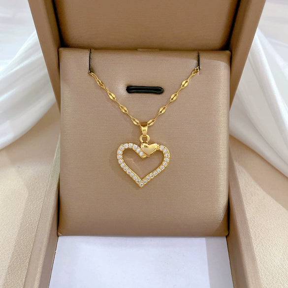 Titanium Steel And Copper Women's Love Heart Necklace With Diamond Microinlay And Geometric Design Cartoon Style
