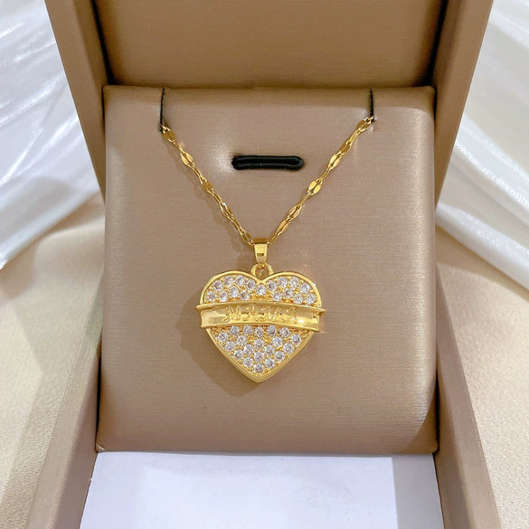 Titanium Steel And Copper Women's Love Heart Necklace With Diamond Microinlay And Geometric Design Cartoon Style