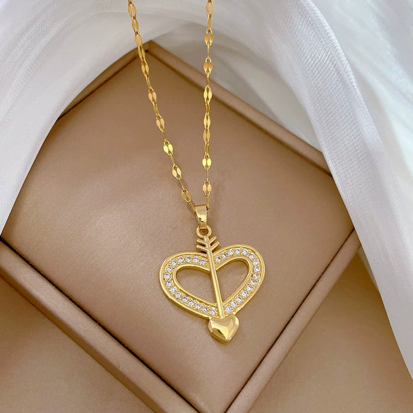 Titanium Steel And Copper Women's Love Heart Necklace With Diamond Microinlay And Geometric Design Cartoon Style