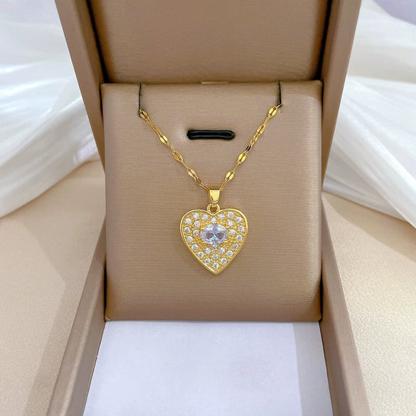 Titanium Steel And Copper Women's Love Heart Necklace With Diamond Microinlay And Geometric Design Cartoon Style