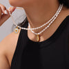 Titanium Steel And Pearl Pendant Necklace With Geometric Style And Electroplating Treatment