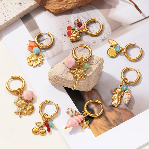 Titanium Steel And Shell Fruit Pendant Earrings For Women With Electroplating Process