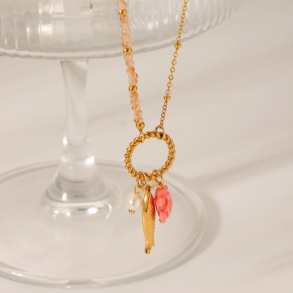 Titanium Steel And Stainless Steel Animal Turtle Goldfish Pearl Pendant O Word Chain Necklace With Electroplating