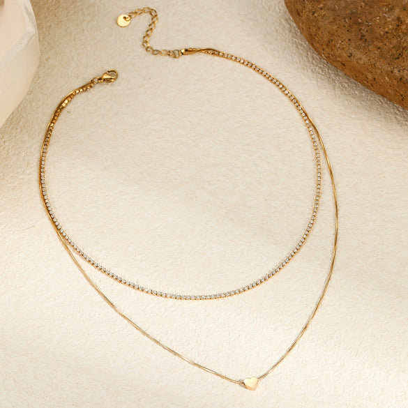 Titanium Steel And Stainless Steel Clavicle Chain With 18K Gold Plated Heartshaped Pendant And Geometric Pattern Electroplated Design Women's Necklace