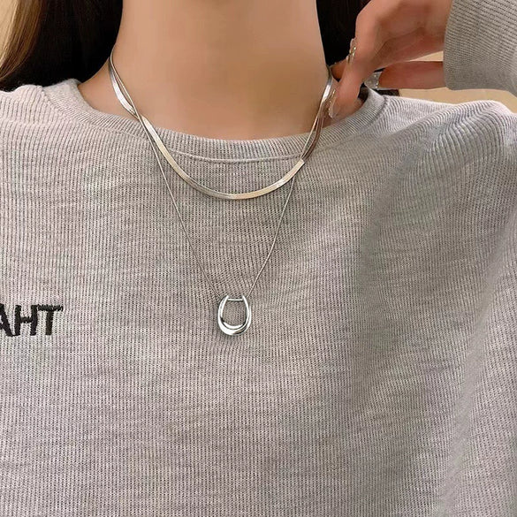Titanium Steel And Stainless Steel Double Layer Stacked U Shaped Pendant Clavicle Chain With Electroplating Unisex Style