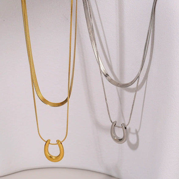 Titanium Steel And Stainless Steel Double Layer Stacked U Shaped Pendant Clavicle Chain With Electroplating Unisex Style
