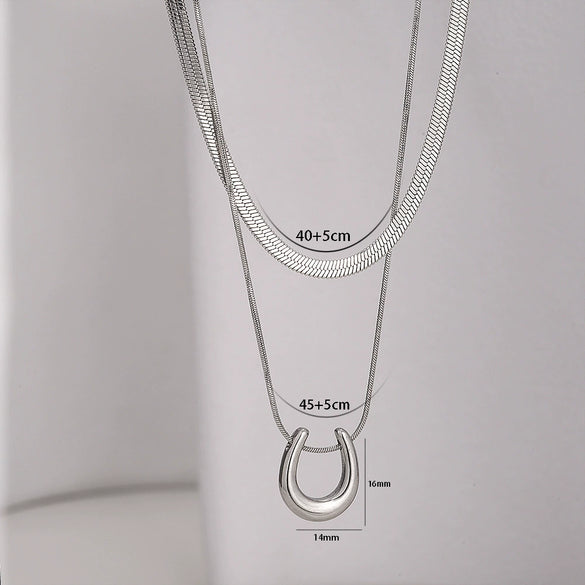 Titanium Steel And Stainless Steel Double Layer Stacked U Shaped Pendant Clavicle Chain With Electroplating Unisex Style