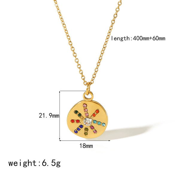 Titanium Steel And Stainless Steel Geometric Round Pendant Necklace With Colored Diamond Embossed And Inlaid Zircon