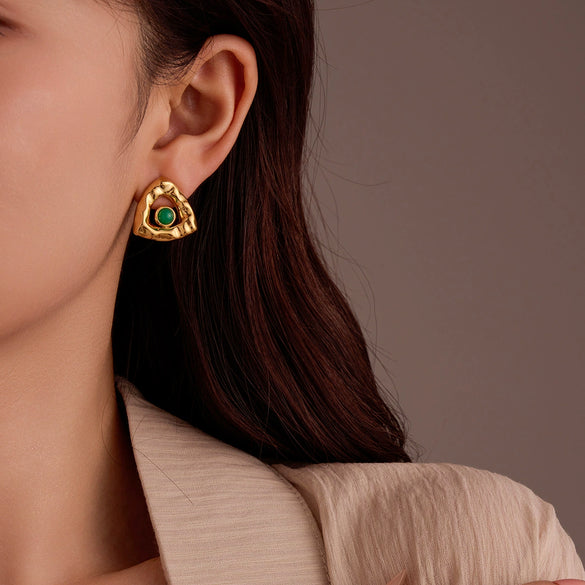 Titanium Steel And Stainless Steel Triangular Pleated Natural Stone Plated 18K Vintage Earrings