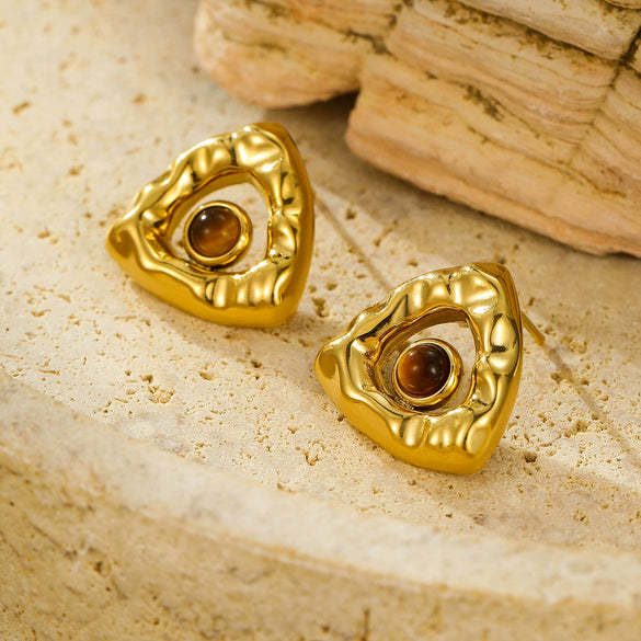 Titanium Steel And Stainless Steel Triangular Pleated Natural Stone Plated 18K Vintage Earrings