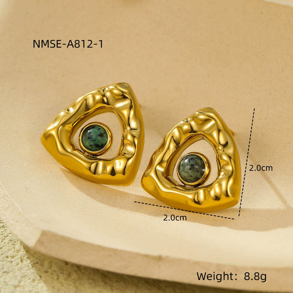 Titanium Steel And Stainless Steel Triangular Pleated Natural Stone Plated 18K Vintage Earrings