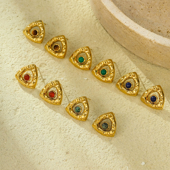 Titanium Steel And Stainless Steel Triangular Pleated Natural Stone Plated 18K Vintage Earrings