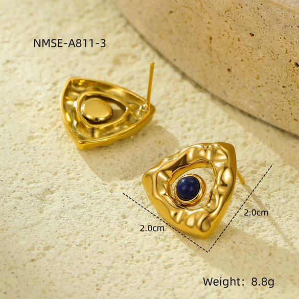 Titanium Steel And Stainless Steel Triangular Pleated Natural Stone Plated 18K Vintage Earrings