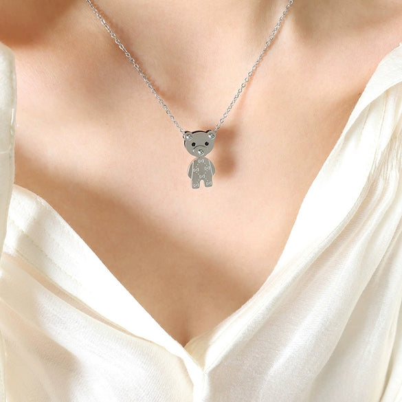 316L Stainless Steel Animal Bear Pendant Necklace Women's Jewelry Inlaid Zircon Electroplated