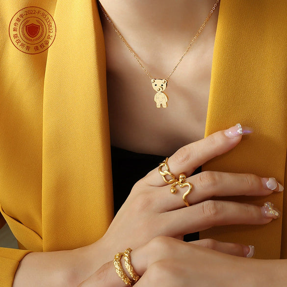 316L Stainless Steel Animal Bear Pendant Necklace Women's Jewelry Inlaid Zircon Electroplated