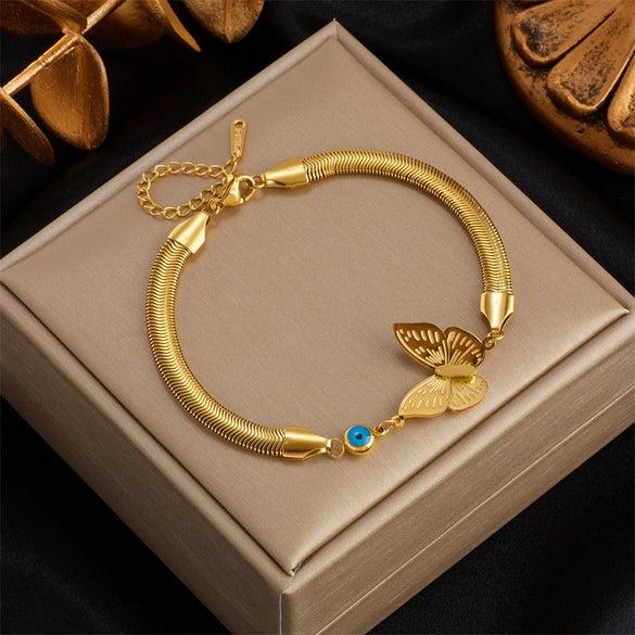 Titanium Steel Animal Style Snake Bone Chain With Three Dimensional Butterfly Connection And Blue Eyes Pendant Jewelry Bracelet For Women