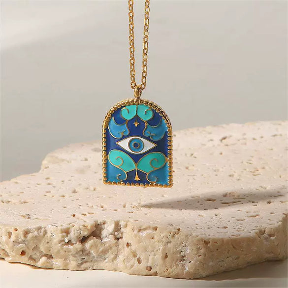Titanium Steel Animal Zodiac Oil Dripping Rabbit Element Pet Oval Tarot Card Necklace 18K Gold Electroplated
