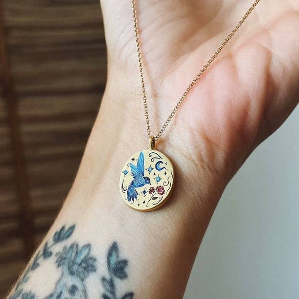 Titanium Steel Animal Zodiac Oil Dripping Rabbit Element Pet Oval Tarot Card Necklace 18K Gold Electroplated