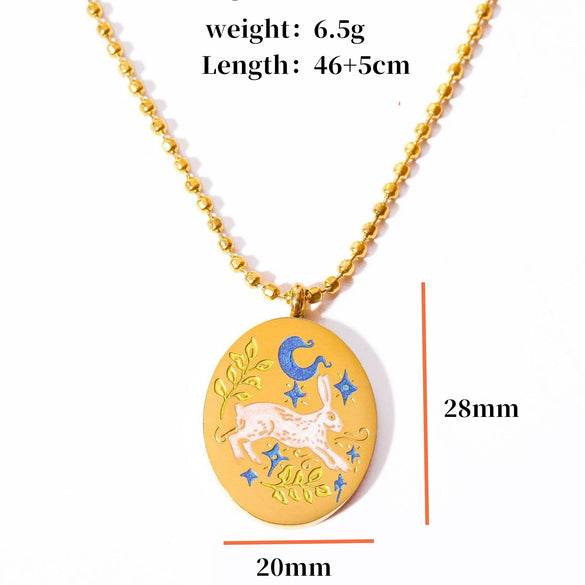 Titanium Steel Animal Zodiac Oil Dripping Rabbit Element Pet Oval Tarot Card Necklace 18K Gold Electroplated