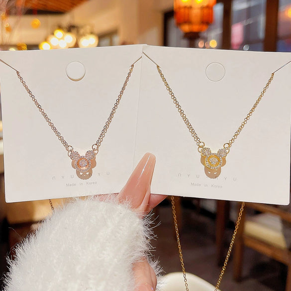 Titanium Steel Animals Bear Pendant Necklace With Microinlaid Zircon For Women